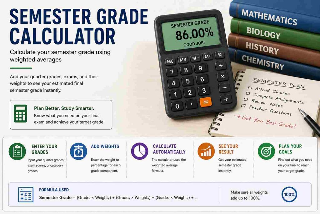 Semester grade calculator guide showing how to calculate a final semester grade