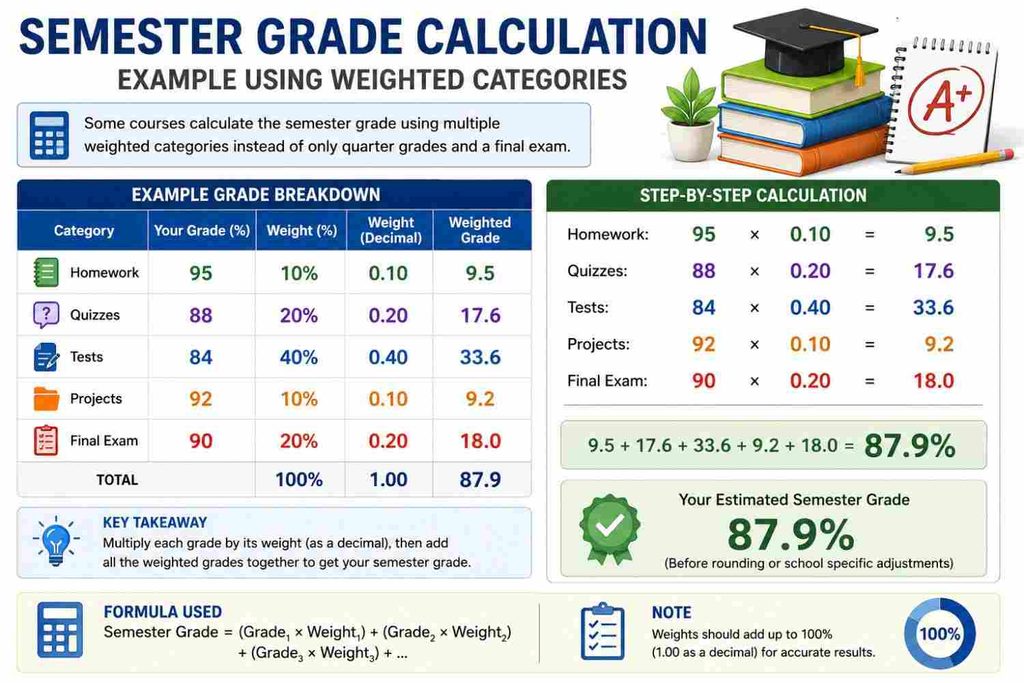 Semester grade calculation example using weighted categories and grades